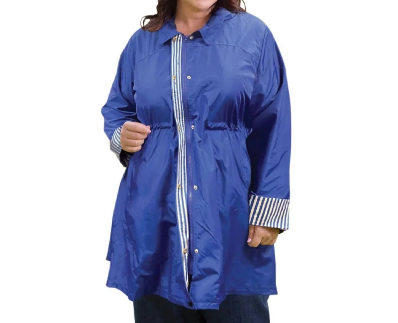 Adjustable Cinch Waist Raincoat With Removable Hood - Plus Size In Royal Blue