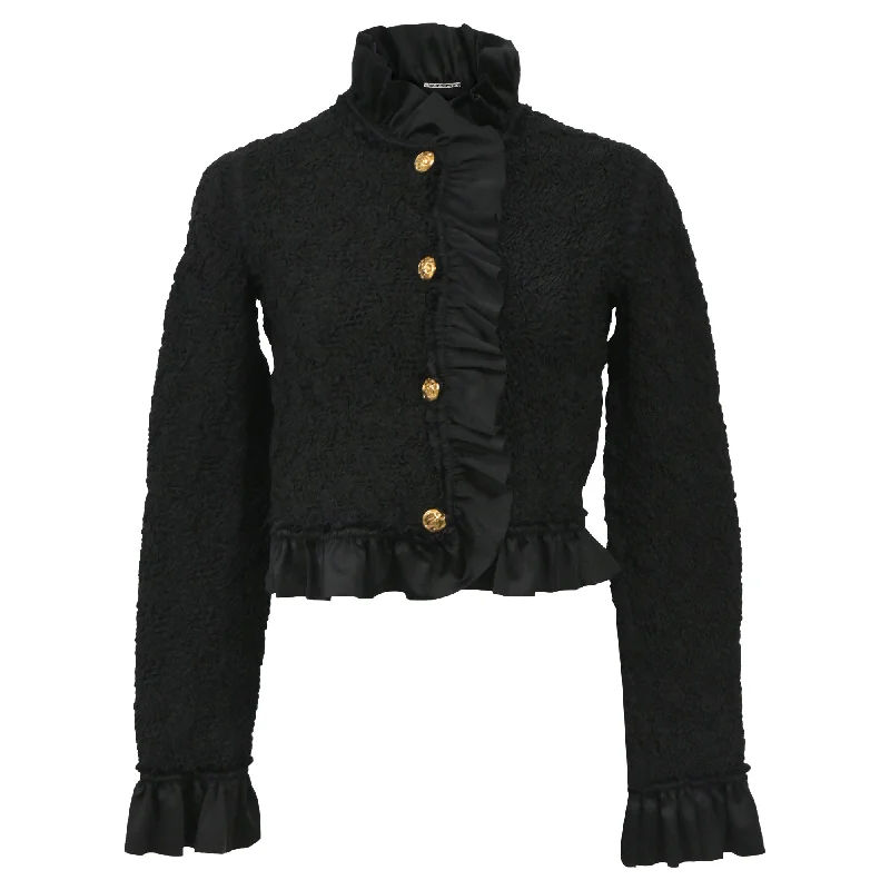 Alexander Wang Cropped Ruffled Stretch-Seersucker Jacket in Black Polyamide