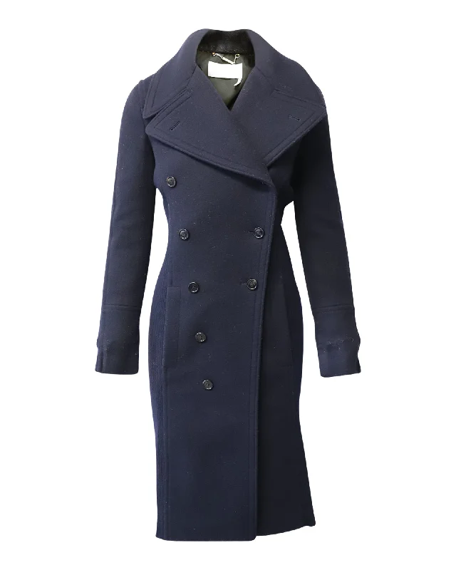 Chloe Mid-Length Double-Breasted Coat in Navy Blue Wool