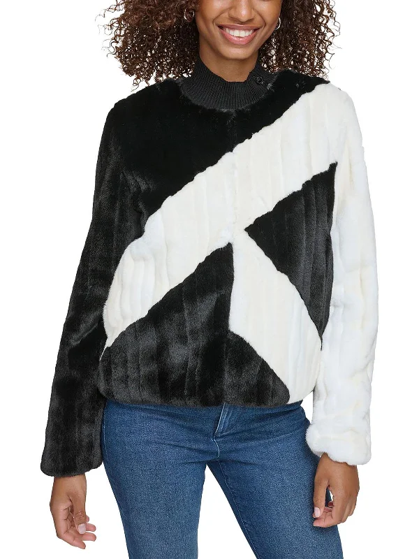 Womens Colorblock Cropped Faux Fur Coat