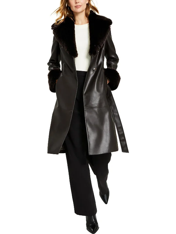 Womens Faux Leather Midi Trench Coat