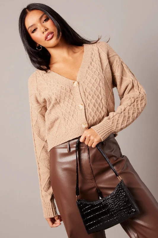 Beige Cable Knit Cardigan Long Sleeve V Neck