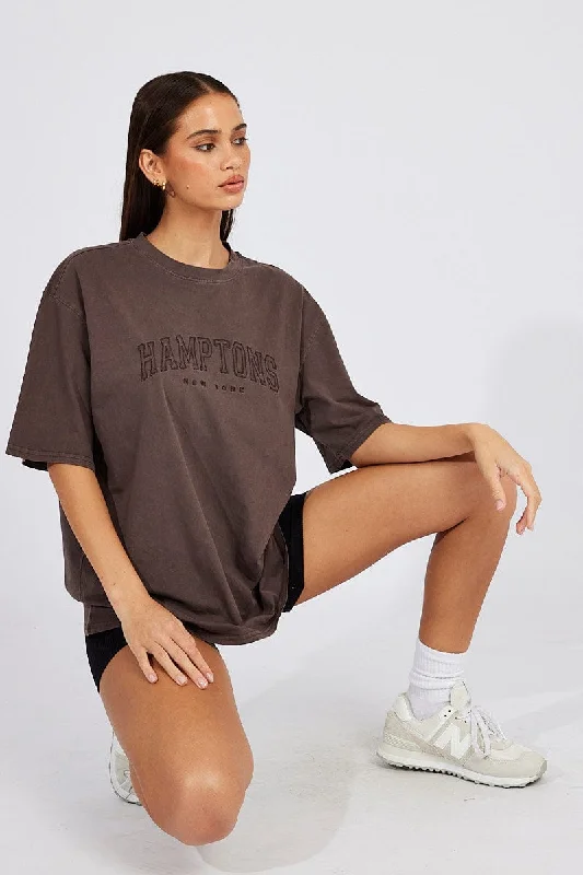 Brown Graphic Tee Short Sleeve Jersey Embroidered