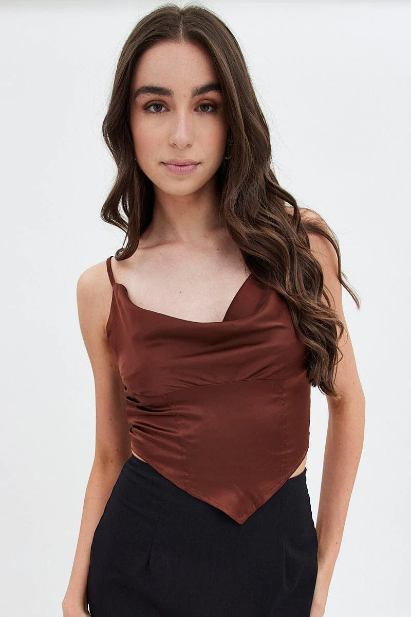 Brown Sleeveless Satin Cami Top