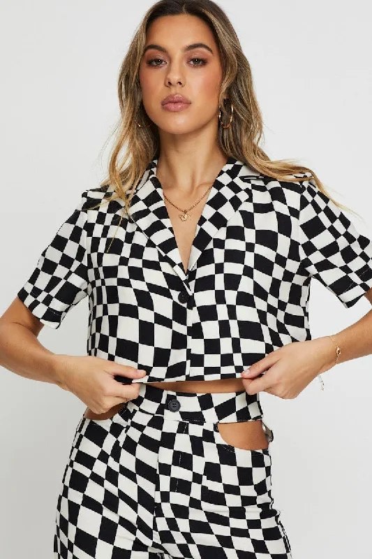 Check Wrap Top Short Sleeve Crop