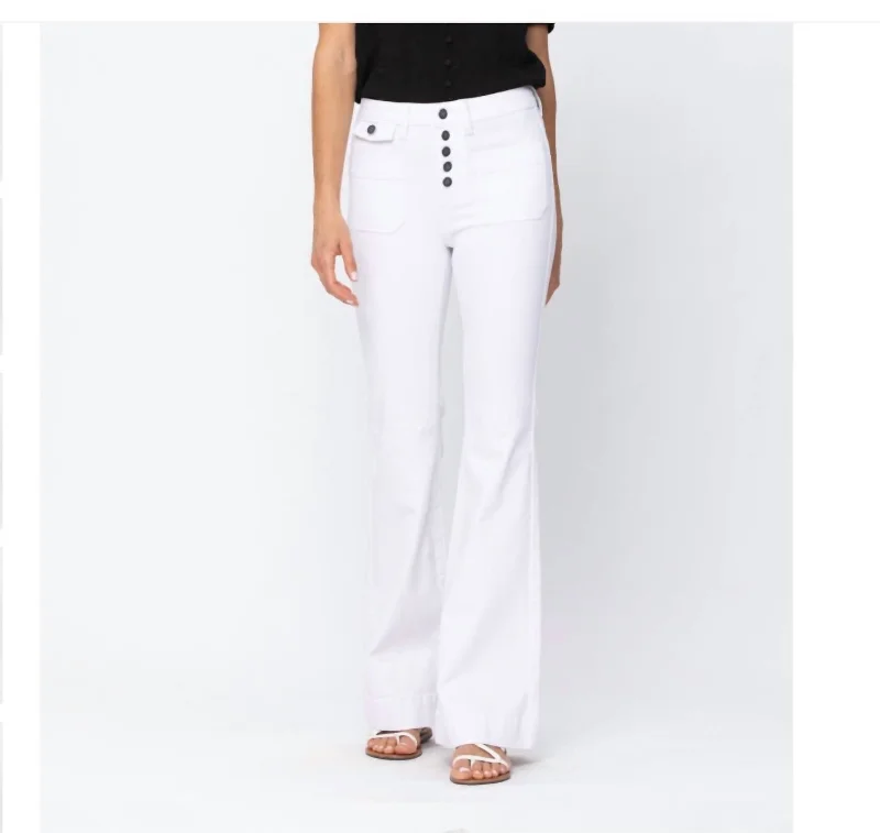 High Rise Button Fly Flare Pants In White