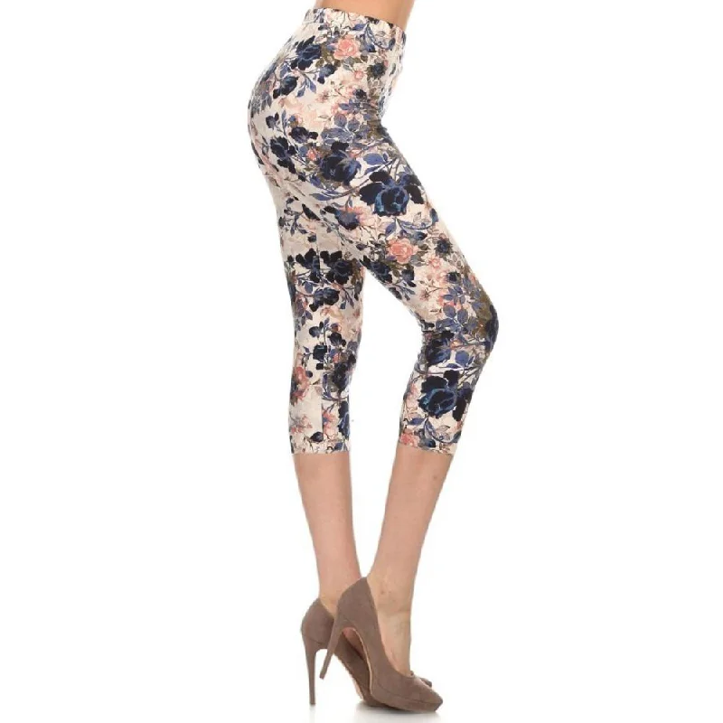 Multi-color Print, Cropped Capri Leggings In A Fitted Style With A Banded High Waist