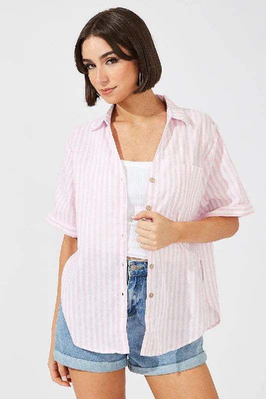 Pink Stripe Shirt Short Sleeve Collared Neck