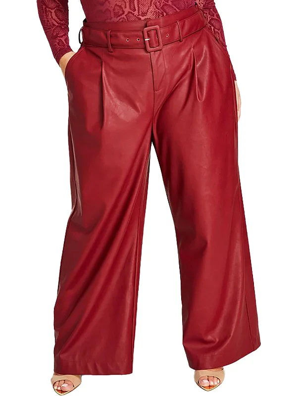 Plus Womens Faux Leather Belted Wide Leg Pants