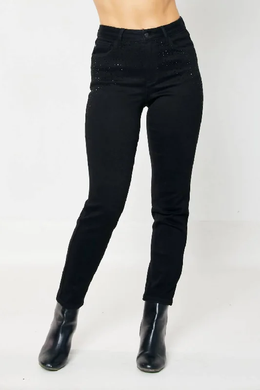 Rhinestone Embellished Slim Jeans In Black