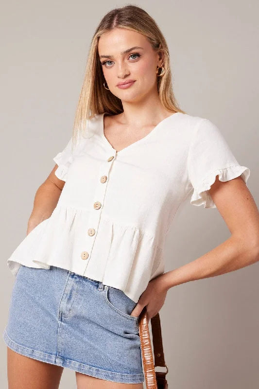 White Button Up Top V-Neck Frill Hem Top Linen