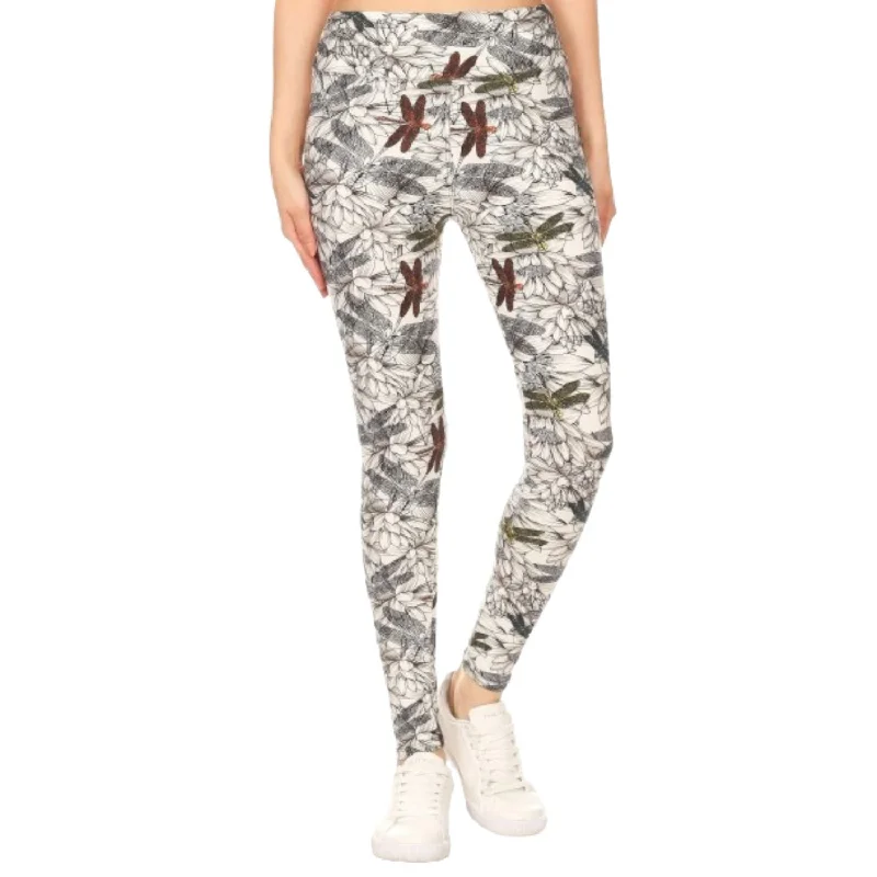 Yoga Style Banded Lined Dragonfly Print, Full Length Leggings In A Slim Fitting Style With A Banded High Waist