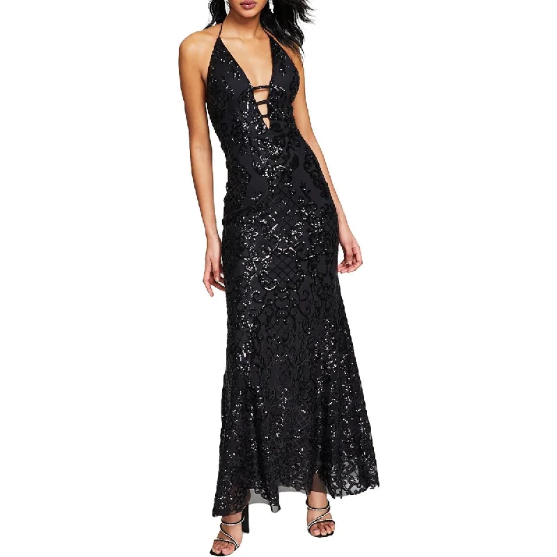 Blondie Nites Womens Juniors Sequin Cut-Out Evening Dress