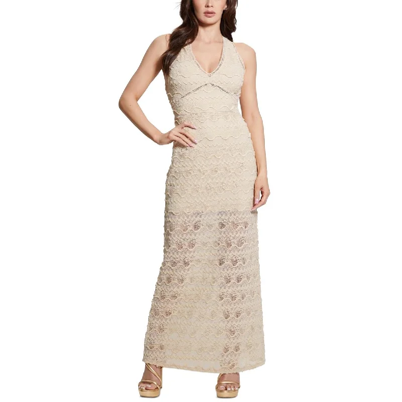 Guess Womens Embroidered Lace Evening Dress