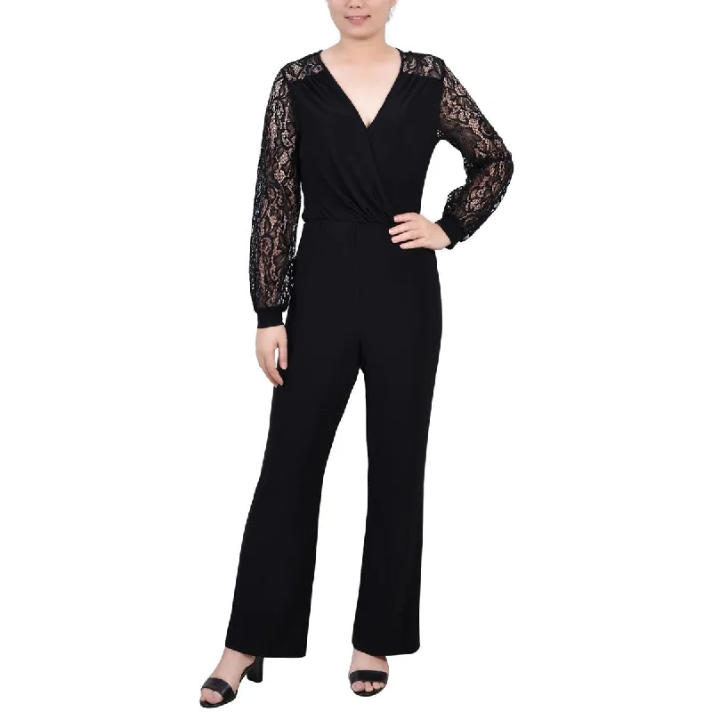 NY Collection Womens Petites Surplice Lace Trim Jumpsuit