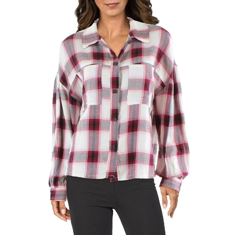 Sanctuary Womens Plaid Crop Button-Down Top