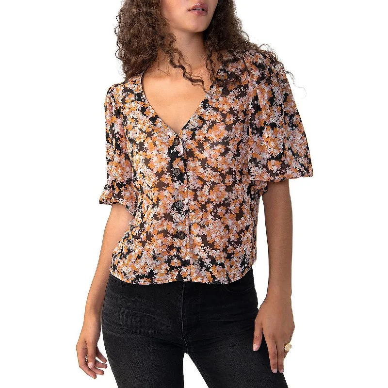 Sanctuary Womens Sheer Puff Sleeve Blouse