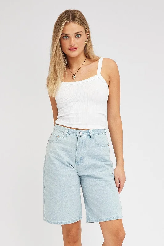 Blue Denim Knee Length Denim Shorts Relaxed