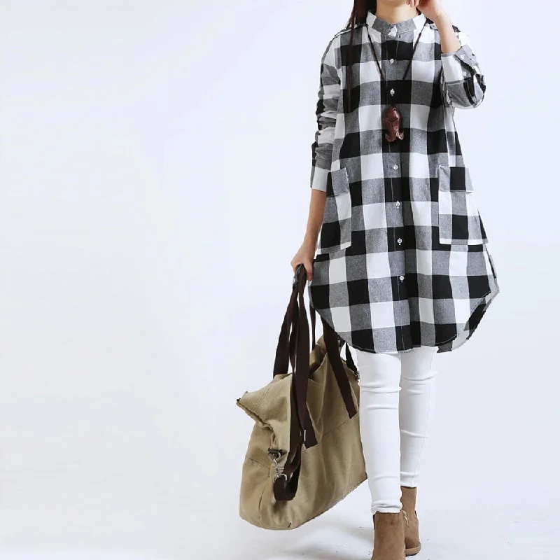 Womens Long Checkered Shirt with Pockets