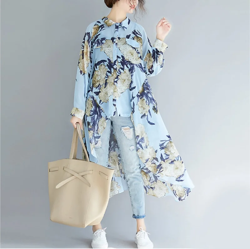 Womens Uneven Long Chiffon Shirt with Prints